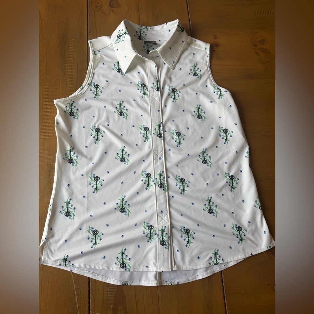 Beyln Key Womens Floral Sleeveless Polo Ivory Blue Medium